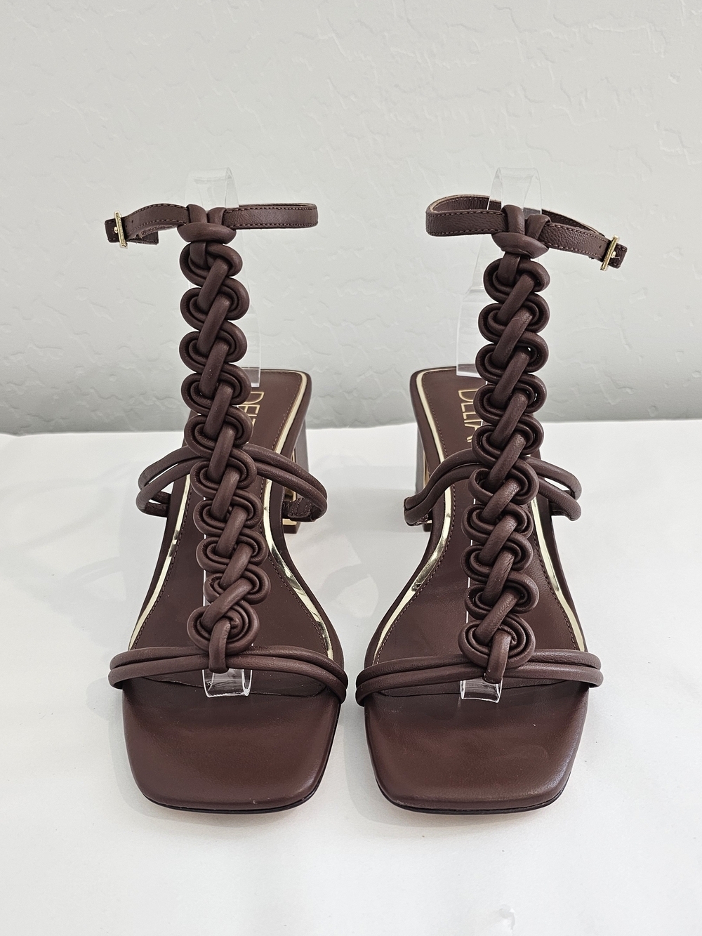 Deltan Braided T-Strap Brown Leather  Heeled Sandals W/Gold Accent Women's Sz 9M